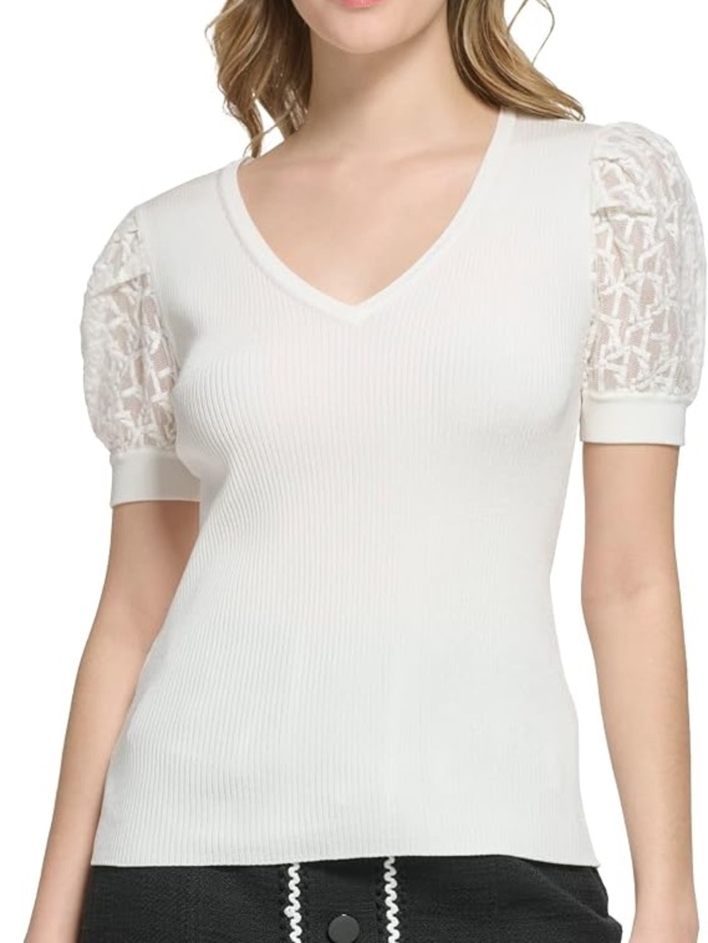 KARL LAGERFIELD Women’s White V‑Neck Rib Knit Top with Lace Puff Sleeves